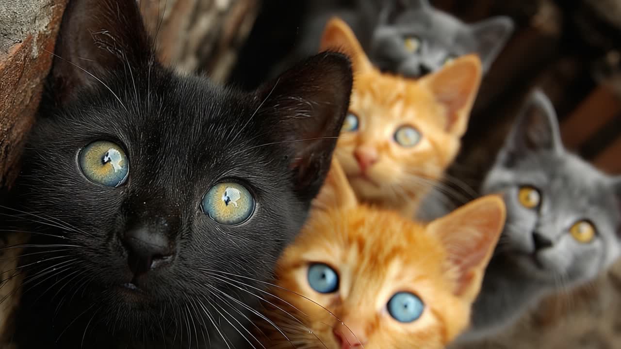 Un'incantevole assemblea di gattini colorati con sorprendenti occhi blu e distintivi motivi del pelo in un ambiente naturale, catturati con dettagli vivaci.
