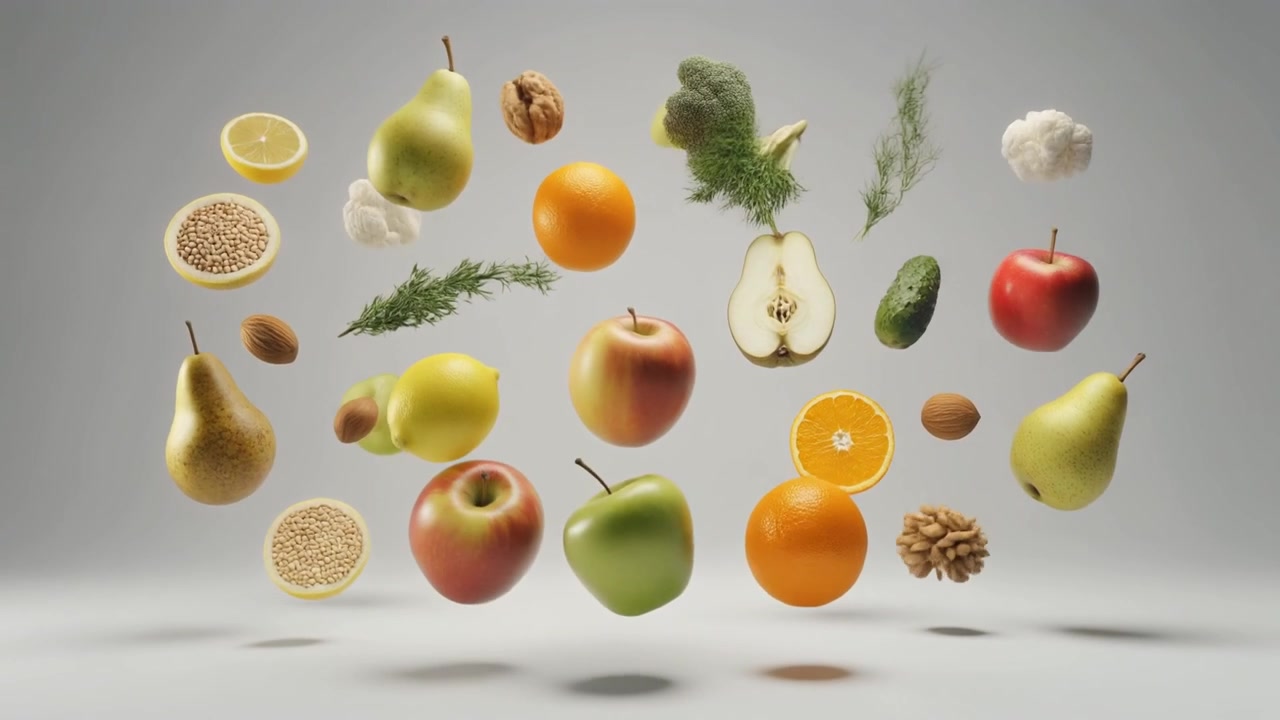 Frutta e verdura fresca assortita sospesa a mezz'aria