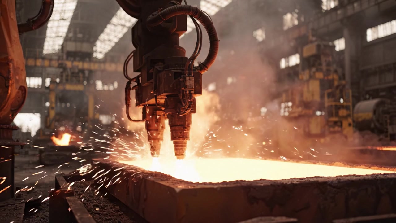 Bracci robotici automatizzati che versano metallo fuso in una fonderia industriale con vapore e scintille spettacolari in un'atmosfera di macchinari pesanti e produzione