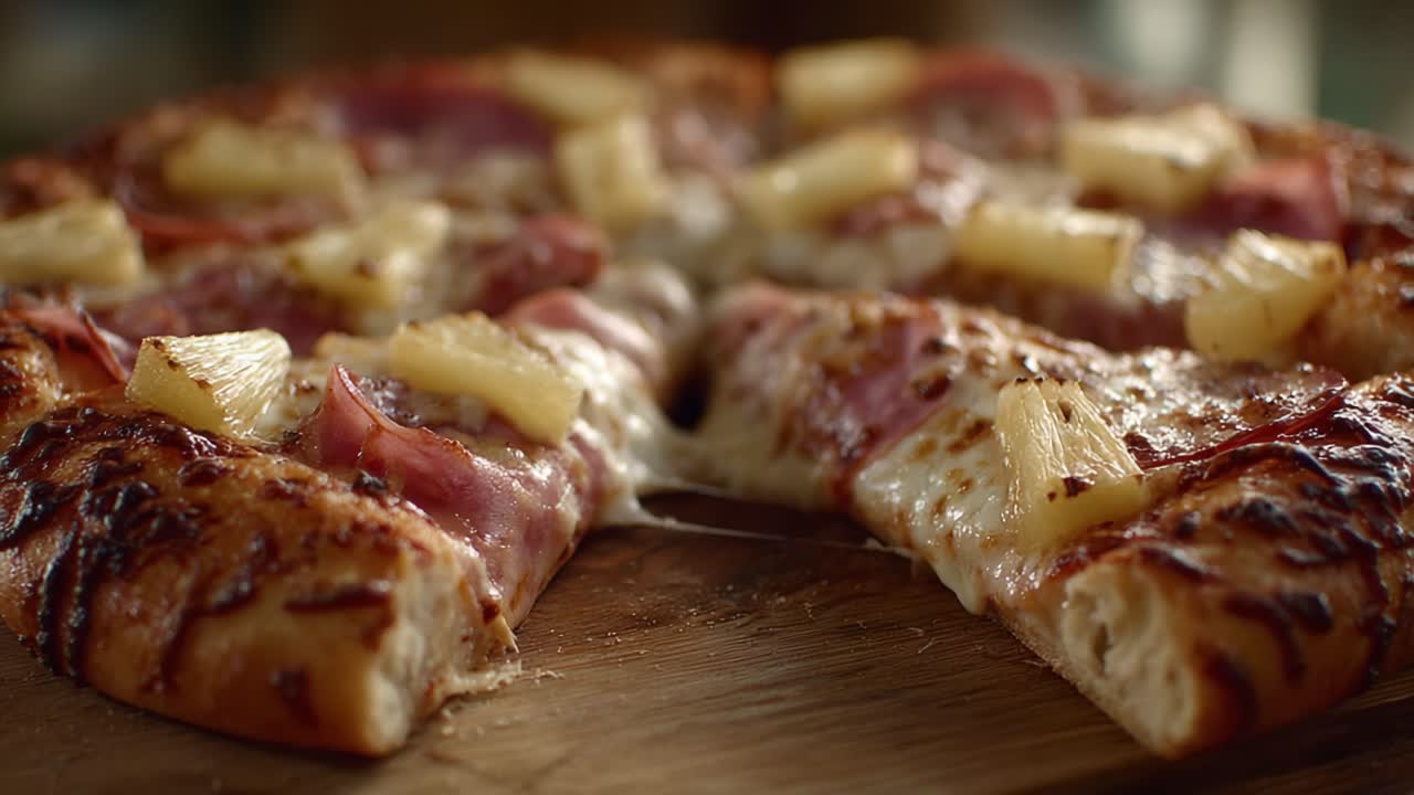 Pizza Hawaiana deliziosamente formaggiosa con condimenti di prosciutto e ananas fusi, perfettamente grigliata e servita su un tagliere di legno rustico.