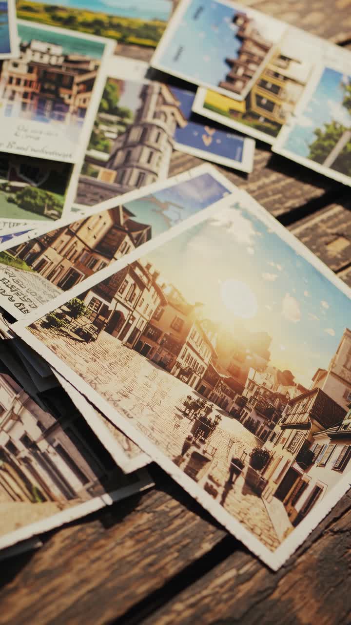 A nostalgic video showcasing vintage postcards scattered on a wooden table, capturing warm sunlight