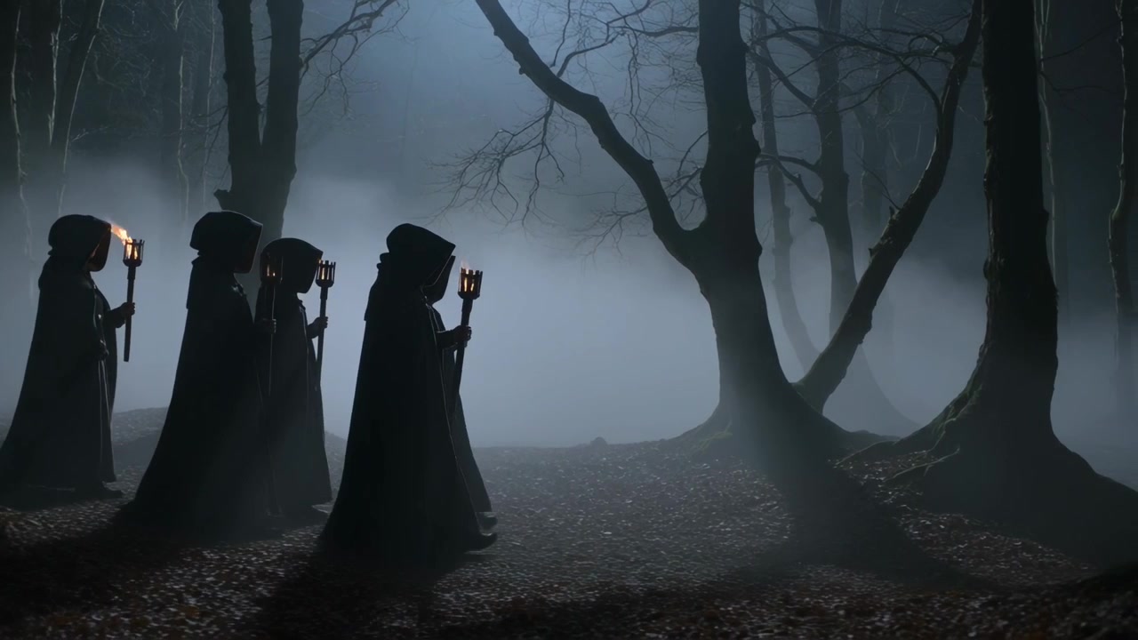 Líder avanzando e iniciando una procesión encapuchada que marcha en un bosque neblinoso, sosteniendo antorchas, con espacio para texto.