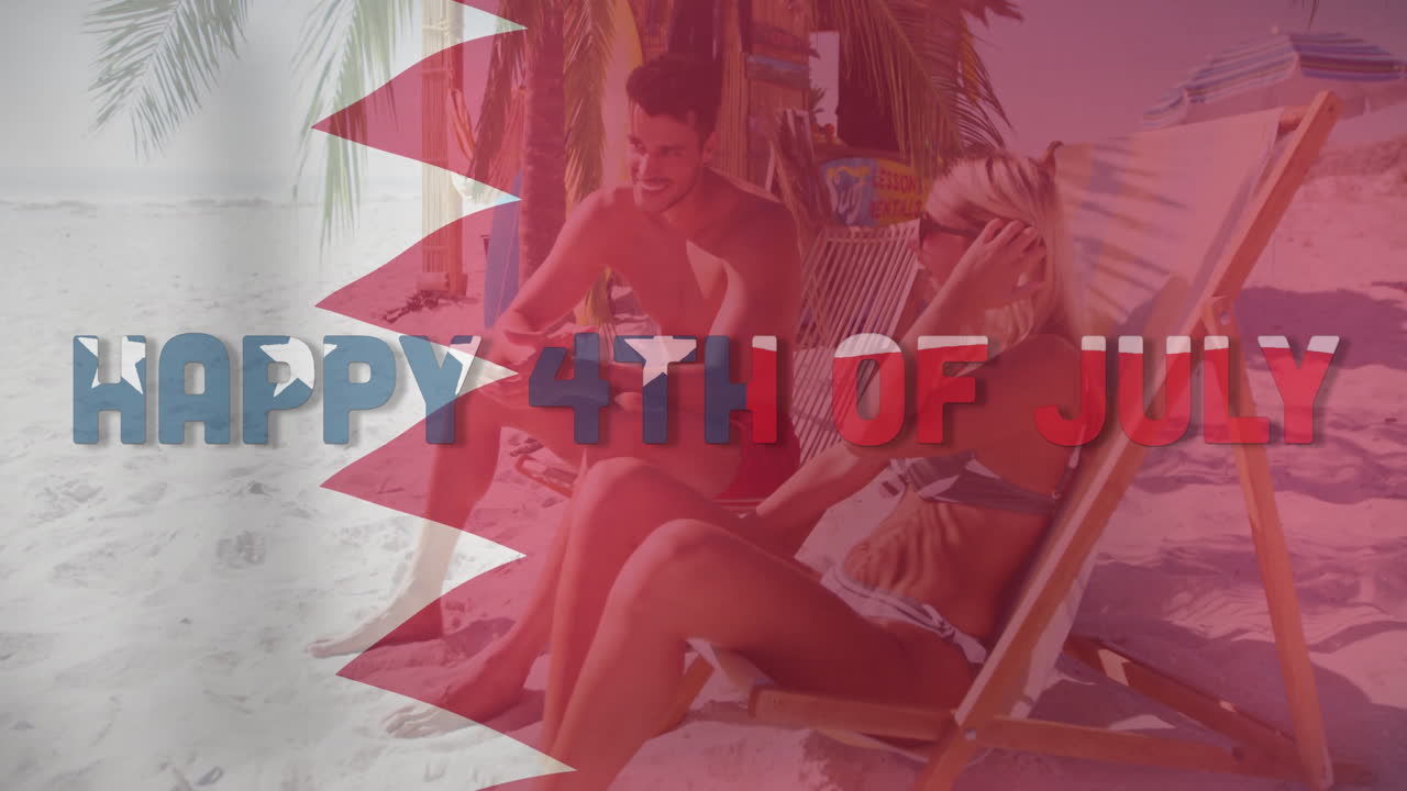 On beach, couple relaxing with Happy 4th of July animation overlay