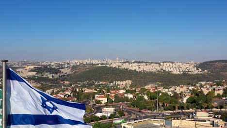 jerusalem landscape with israel flag, aerial view