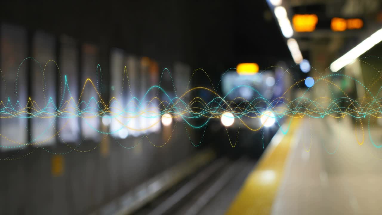 Multicolor waveform reacting to approaching light, rising peaks and shifting to show train approach