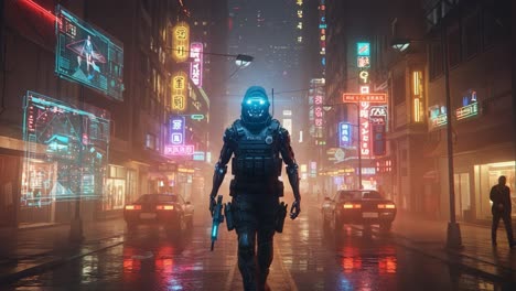 a cybernetic enforcer stands firm against neon city chaos, illuminated by futuristic holograms in a drenched, gritty urban landscape with glowing signage
