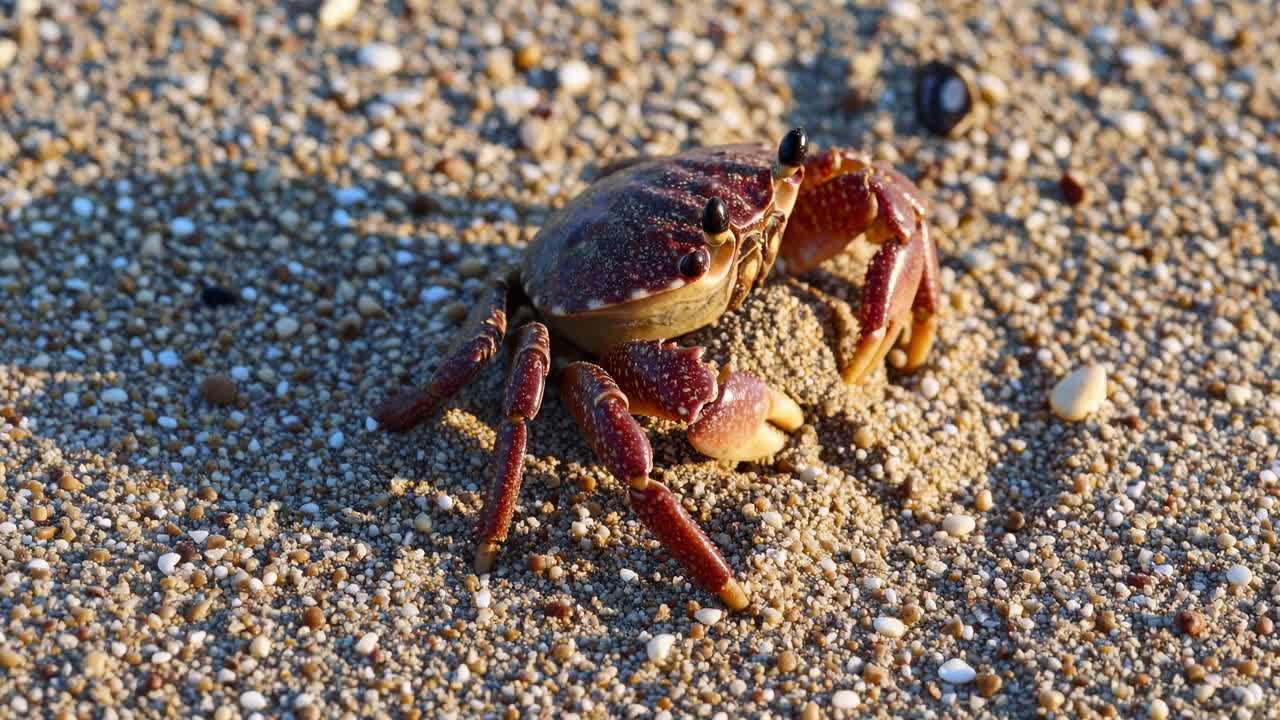 Nærbildevideo av en krabbe på en sandstrand, filmet fra lav vinkel