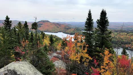 cinematic-panning-shot-at-a-lookout-overlooking-a-colorful-forest,-mountain-range,-and-lake