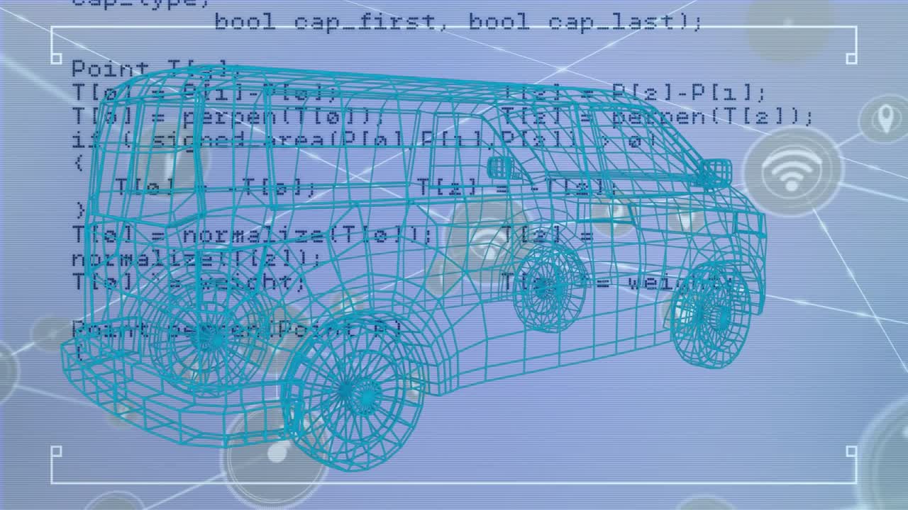 Animation of data processing over rotating car model and network of connections