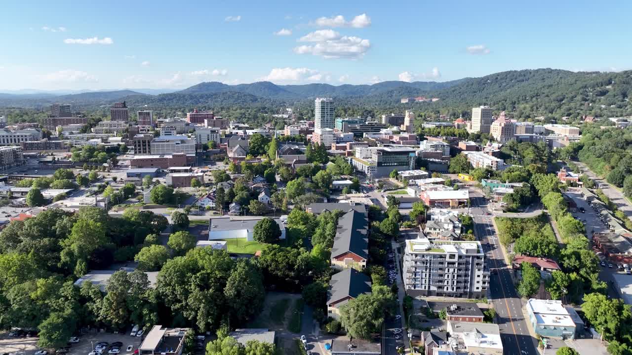 Asheville NC, North Carolina Skyline push in aerial