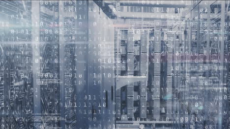 animación del procesamiento de datos de codificación binaria contra la sala de servidores de computadoras