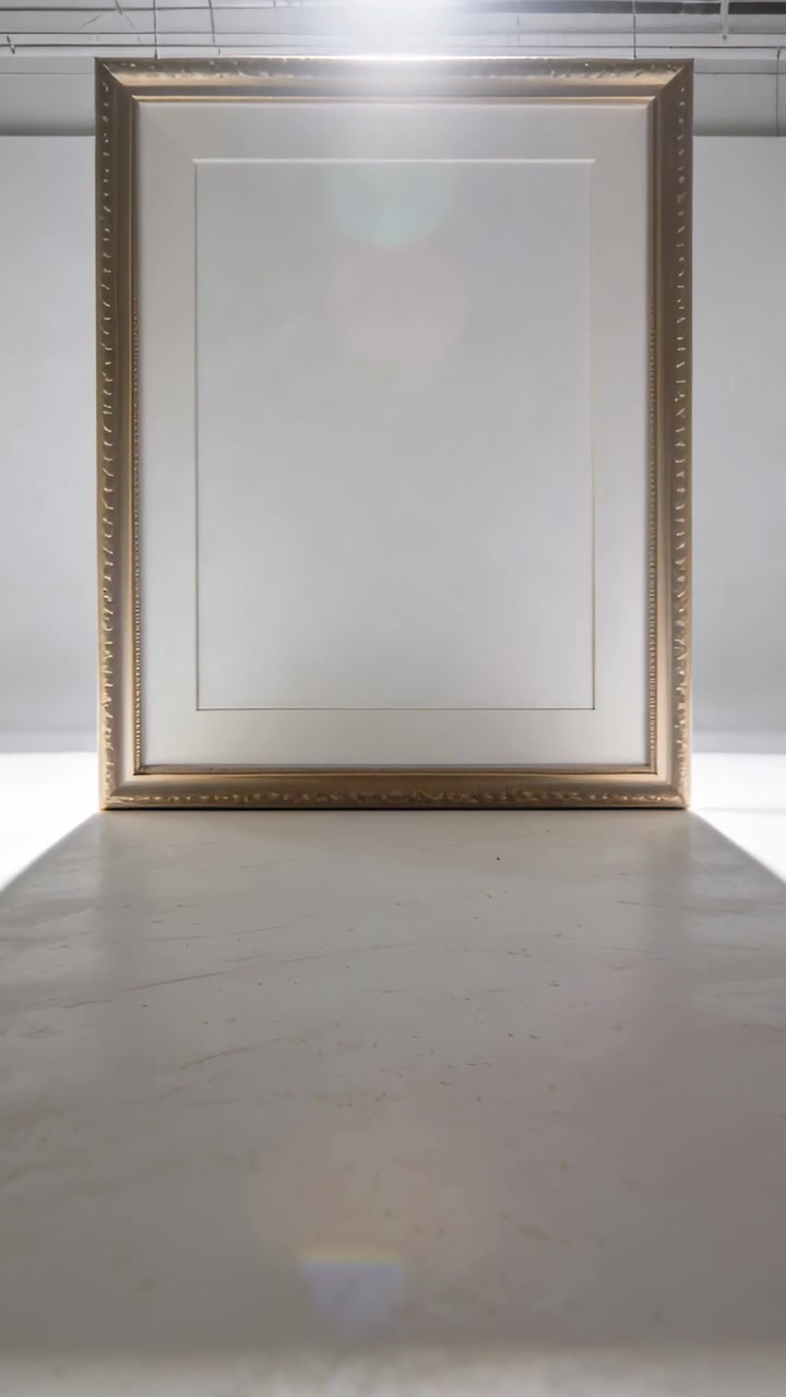 Video verticale: Lampada a soffitto che proietta un bagliore in movimento su un tavolo da studio, illuminando una cornice dorata e un passepartout bianco