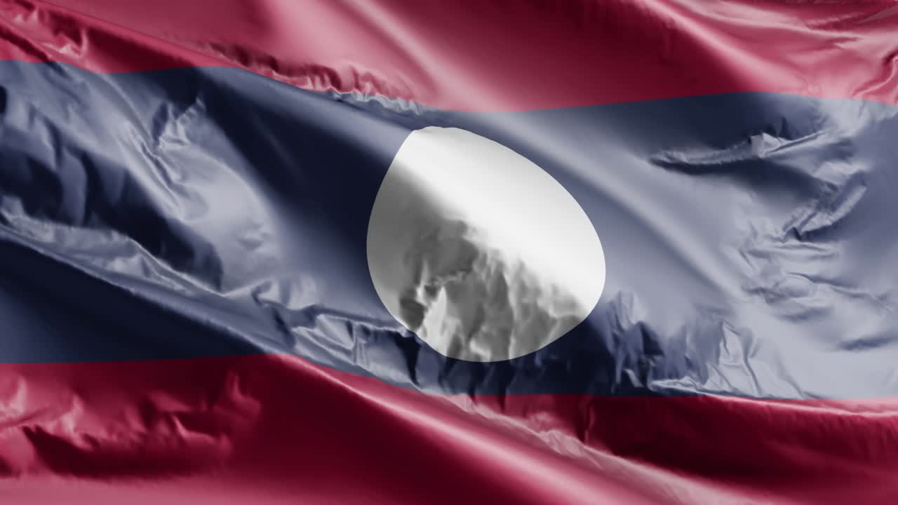 라오스 발이 바람에 흔들리고, 라오스 배너가 바람에 휘어지고, 배경이 가득 차 있고, 10초의 루프가 있습니다.