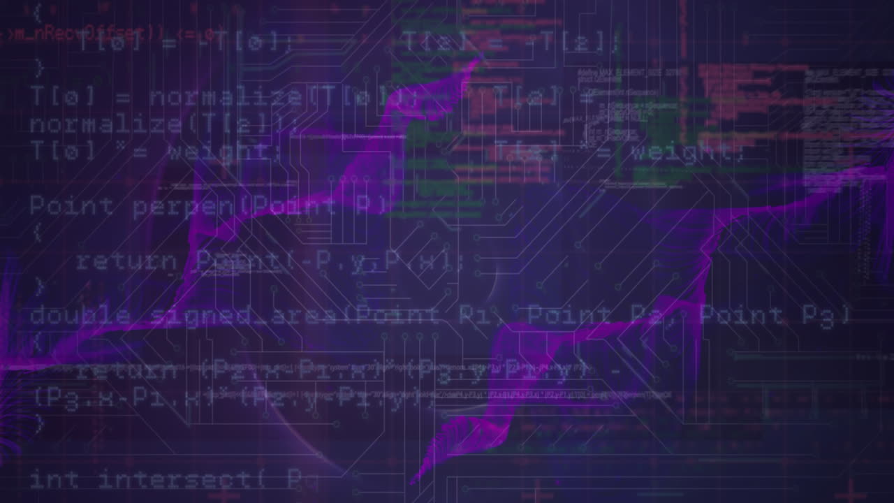 Animation of wave patterns over computer language against circuit board pattern in background