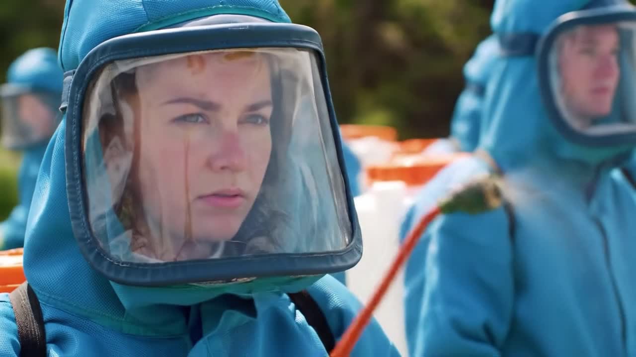 Members of the environmental cleanup team participate in a winter training session, wearing protective suits and preparing for tasks. The setting showcases a rural area with greenery.