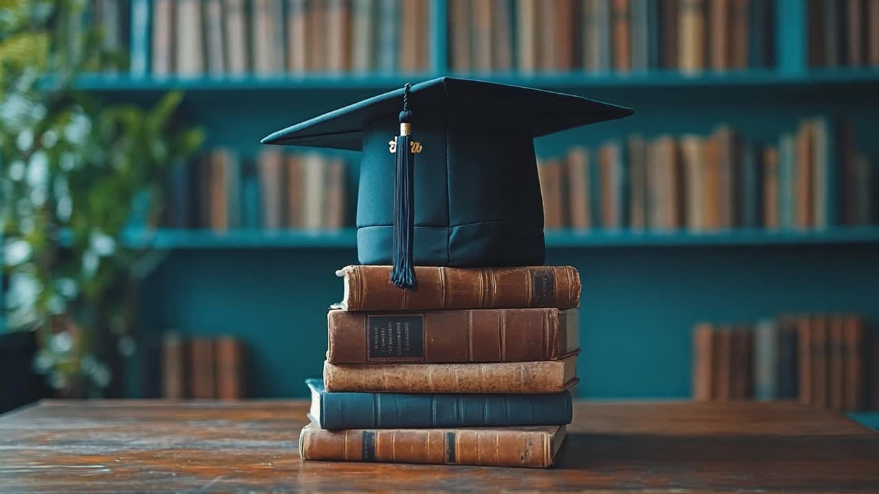 Graduation Cap on Stack of Books