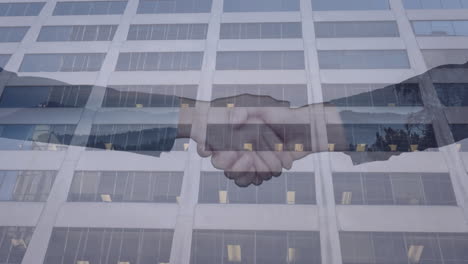 animation of businesspeople shaking hands over office building