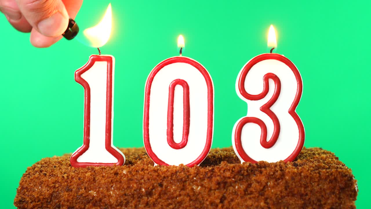 Cake with the number 103 lighted candle. Chroma key. Green Screen. Isolated