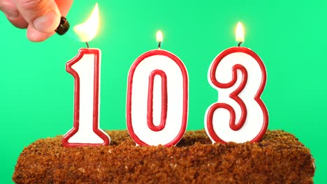 cake with the number 103 lighted candle. chroma key. green screen. isolated