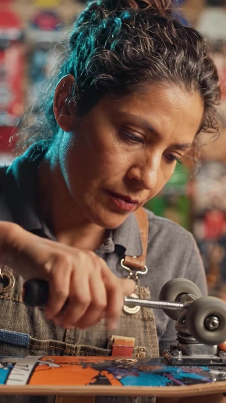 Dedicated Skater Mechanic Expertly Assembles Skateboard Gear, Showcasing Her Passion and Skills in the World of Skateboarding with Precision and Craftsmanship.