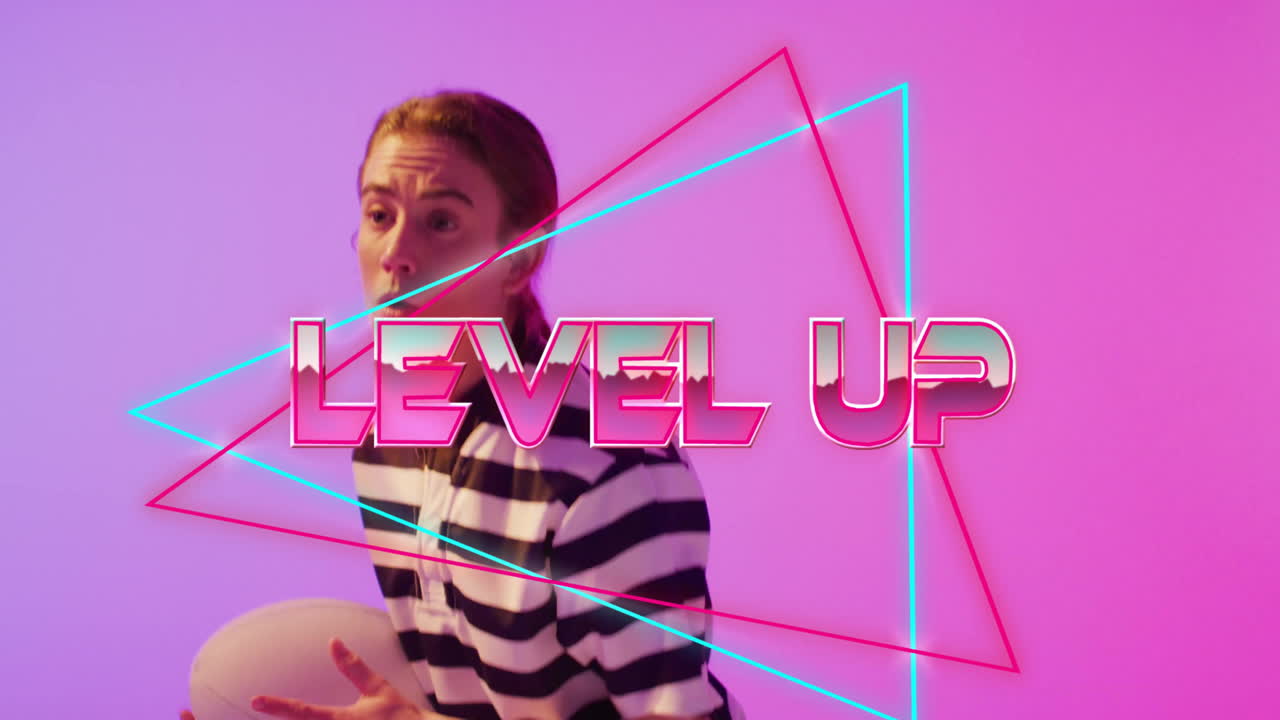 Level up text animation over person in striped shirt with geometric shapes