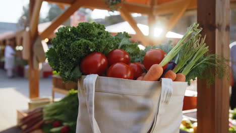 fresh vegetables in a canvas bag at a farmer's market