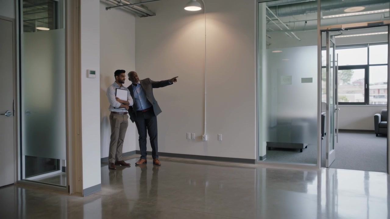 Corretor apontando para o cliente, que avalia a suíte durante uma visita, ambos de terno e com pasta, em frente a portas foscas, com espaço para texto.