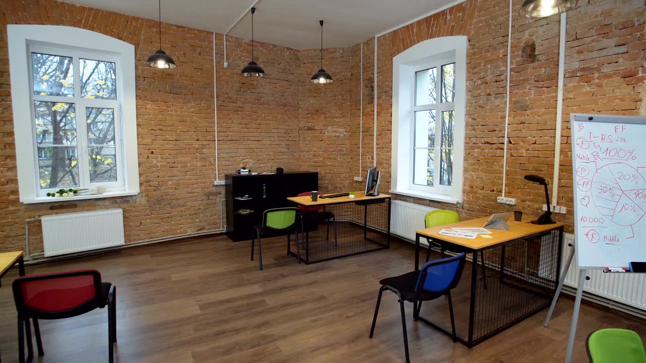 Modern Office Interior. Empty office trendy loft apartment warehouse conversion steadicam walk through around boardroom table