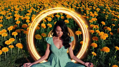 ondas de energía dorada envolviendo a una joven que medita en medio de un vibrante campo de flores de naranja, irradiando una atmósfera mística serena de paz interior y conexión espiritual