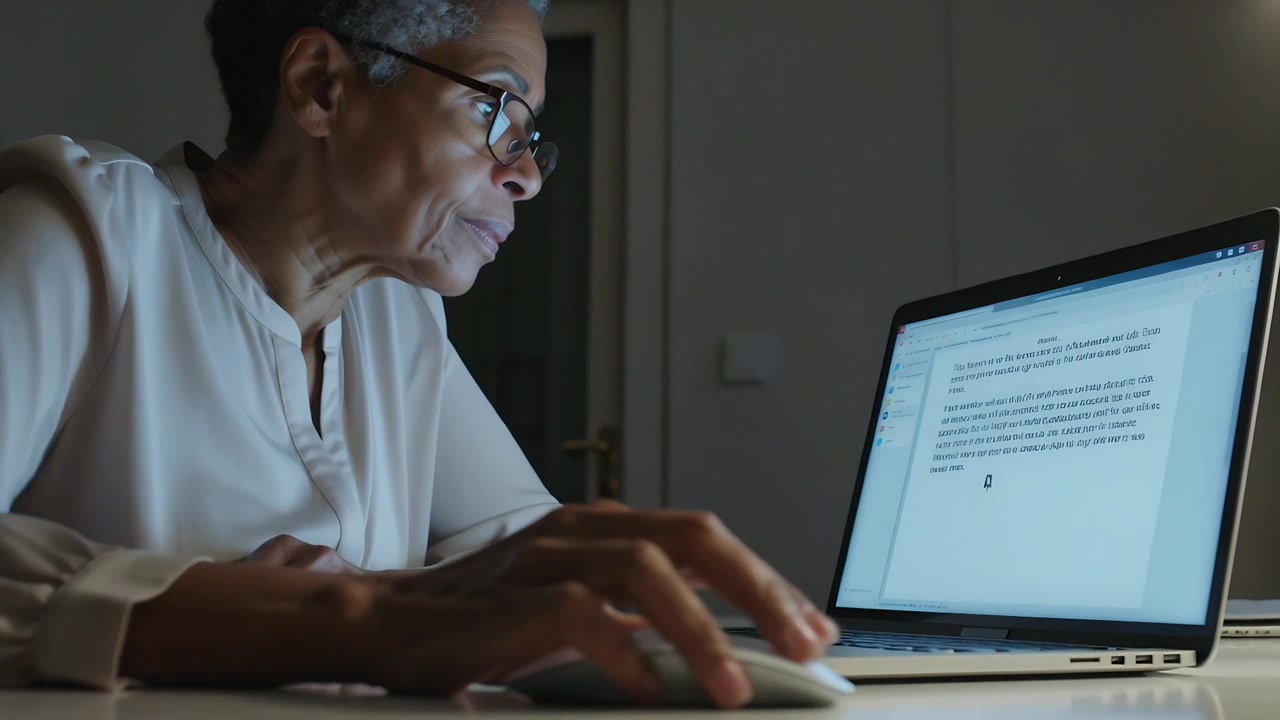 Reading laptop, woman clicking mouse, typing, editing text in study, wearing glasses, copy space