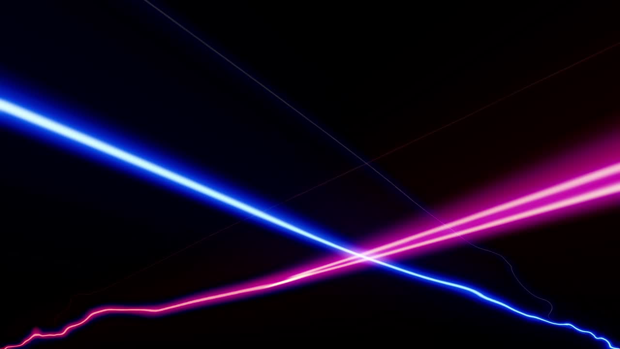 Two glowing neon lines, one blue and one pink, cross and move like energy streams on black background. For sci-fi, tech, or versus concepts