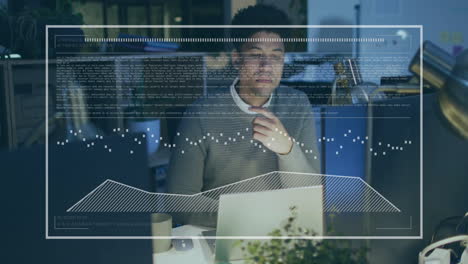 Animation-Von-Diagrammen,-Ladebalken-Und-Daten-über-Einem-Nachdenklichen-Mann-Mit-Gemischter-Abstammung,-Der-Berichte-Auf-Seinem-Laptop-Analysiert