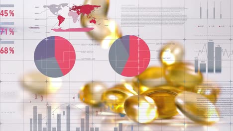 Animation-of-floating-diagrams,-circles,-world-map-and-data-processing-over-falling-pills