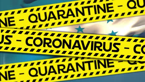 Words Quarantine and Coronavirus written on yellow tape over a Honduran flag in the background.