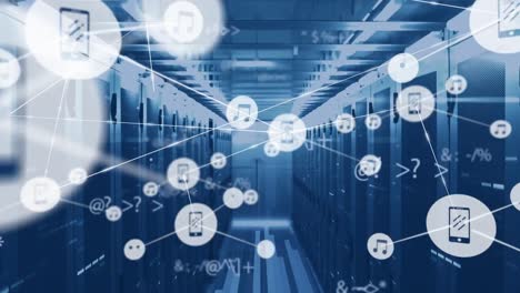 animation of network of media icons and data processing over computer server room