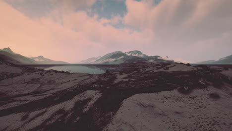 View of a landscape of a Norwegian fjord with a snowy mountain and rocks