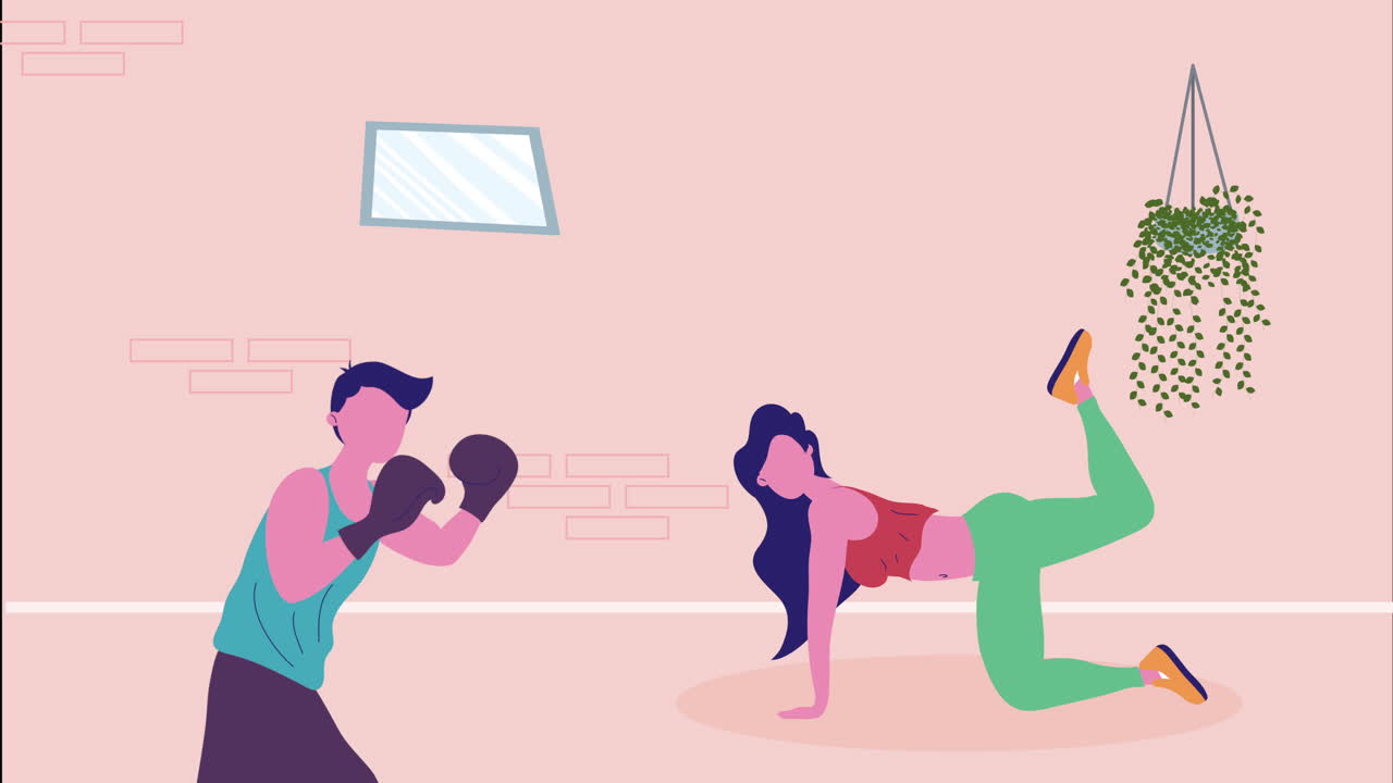 운동을 연습하는 젊은 육상 커플 애니메이션