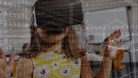 animación de fórmulas matemáticas sobre una colegiala caucásica que usa auriculares vr