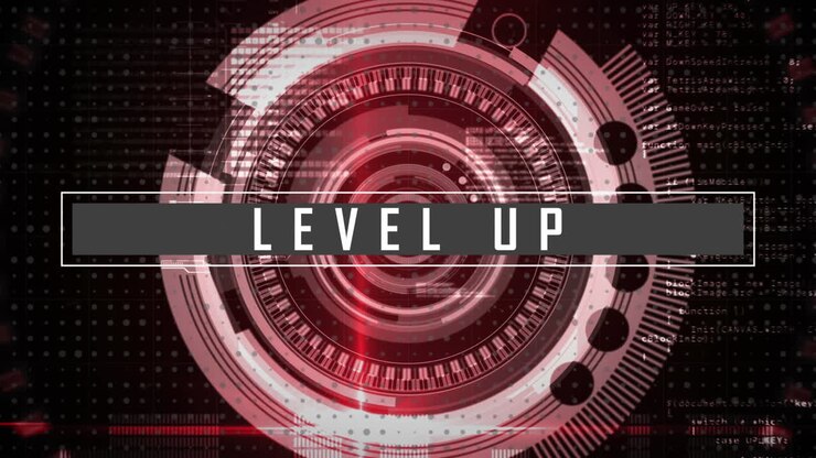 Rund scanner med teksten "Level up" mod sort baggrund