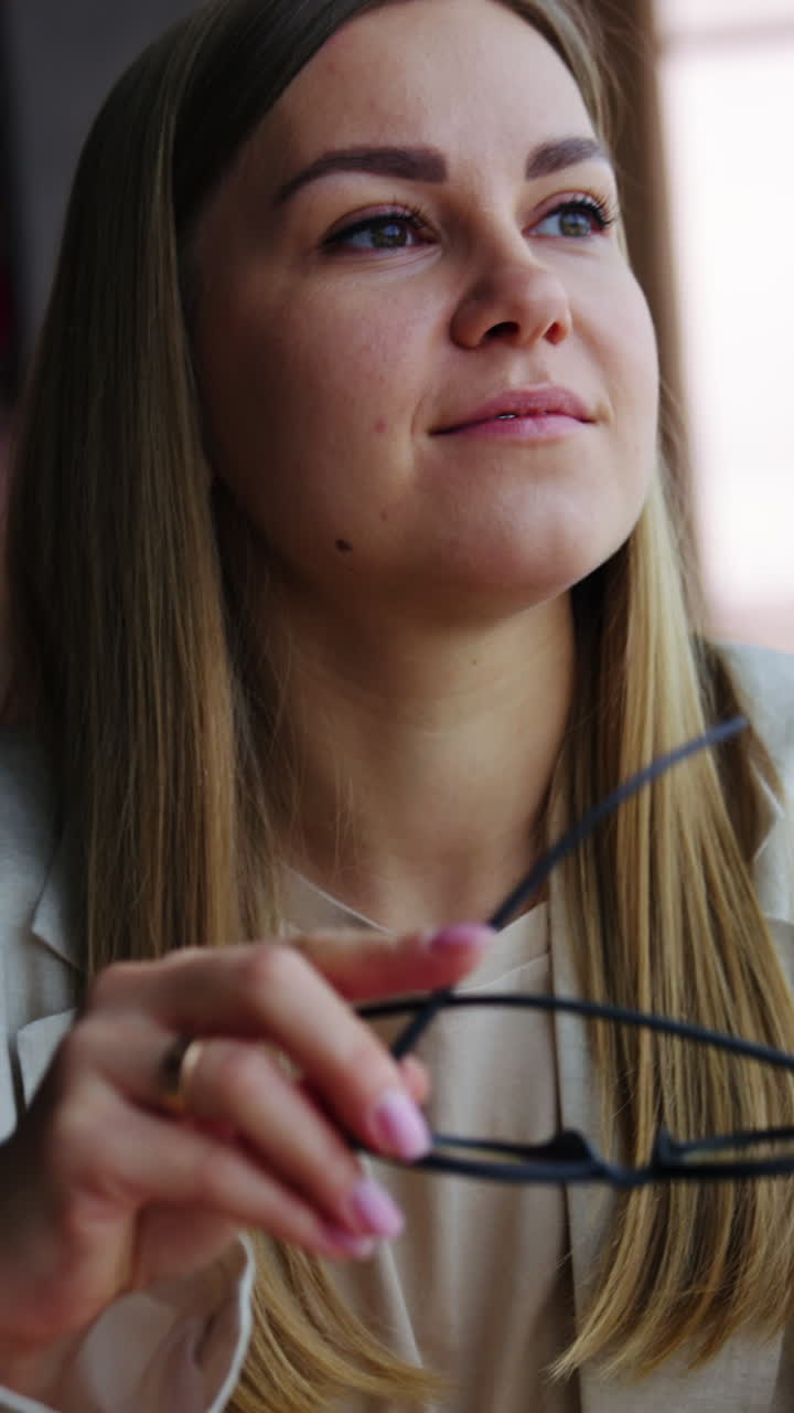 Blonde young woman takes off her glasses. Long-haired female feels tired and touches her forehead to relax. Close up. Vertical video