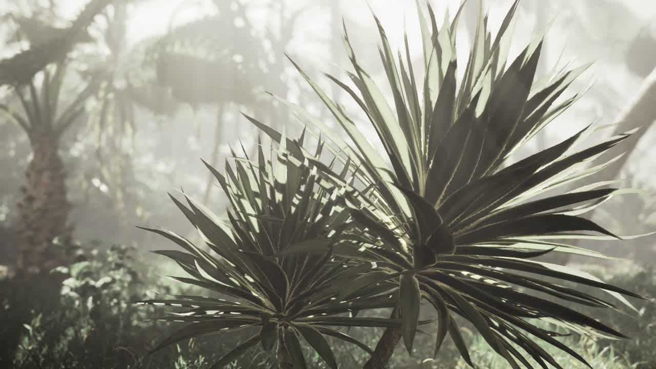 Lush green plants in a misty forest during early morning hours