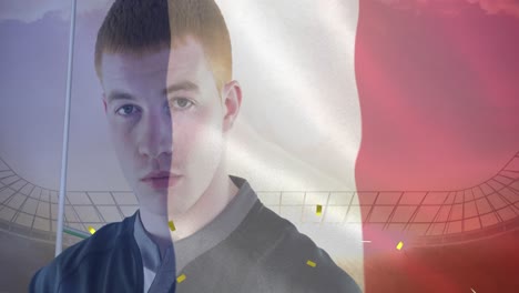 animación de la bandera de francia y confeti sobre un jugador de rugby caucásico con una pelota en el estadio