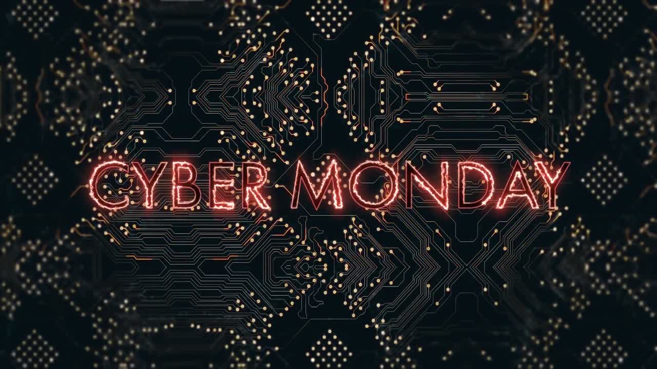 animación de texto de cyber monday sobre placa de circuitos y procesamiento de datos