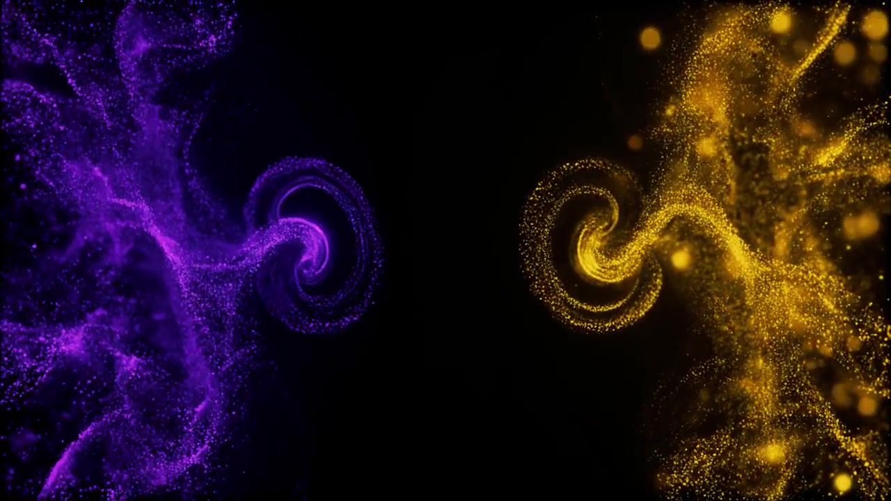 Movimento Astratto di Particelle Viola e Oro Vorticose su Sfondo Nero