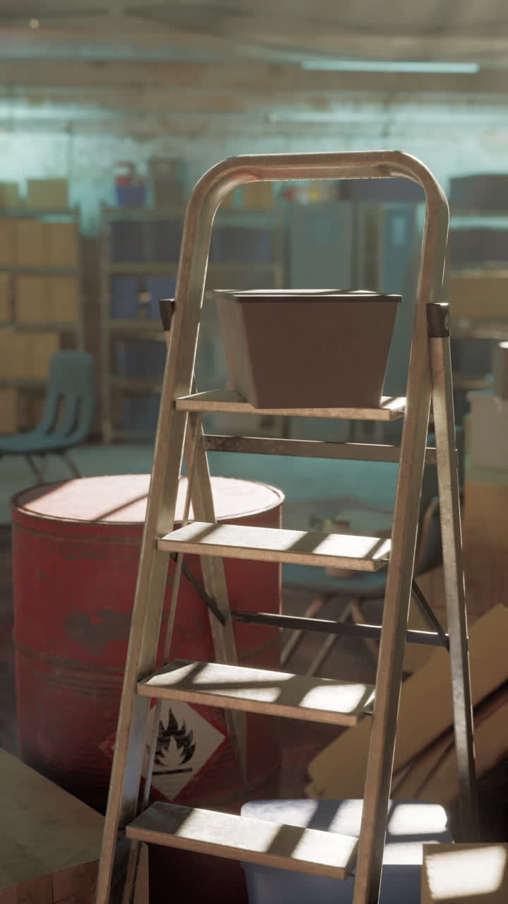 Metal ladder beside pile of boxes