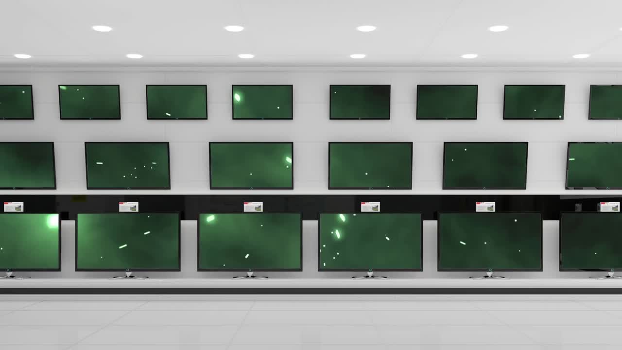 복사 공간과 함께 반 ⁇ 이는 화면과 함께 상점에 있는 텔레비전 세트의 행의 애니메이션