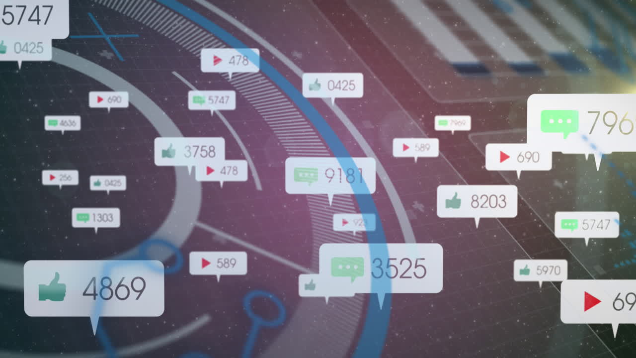 Animation of social media icons on banners over scope and data processing