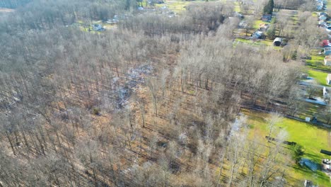 an aerial shot flying in to a neighborhood in the middle of winter surrounded by dead trees