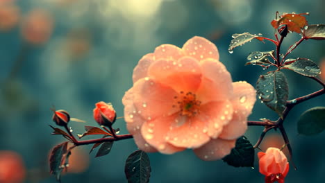 beautiful pink rose with raindrops surrounded by vibrant greenery