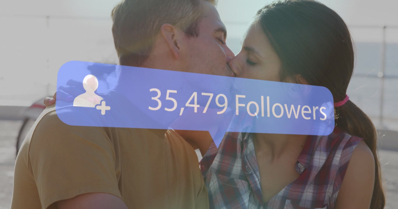 Animation of speech bubble with increasing followers over couple kissing at the beach